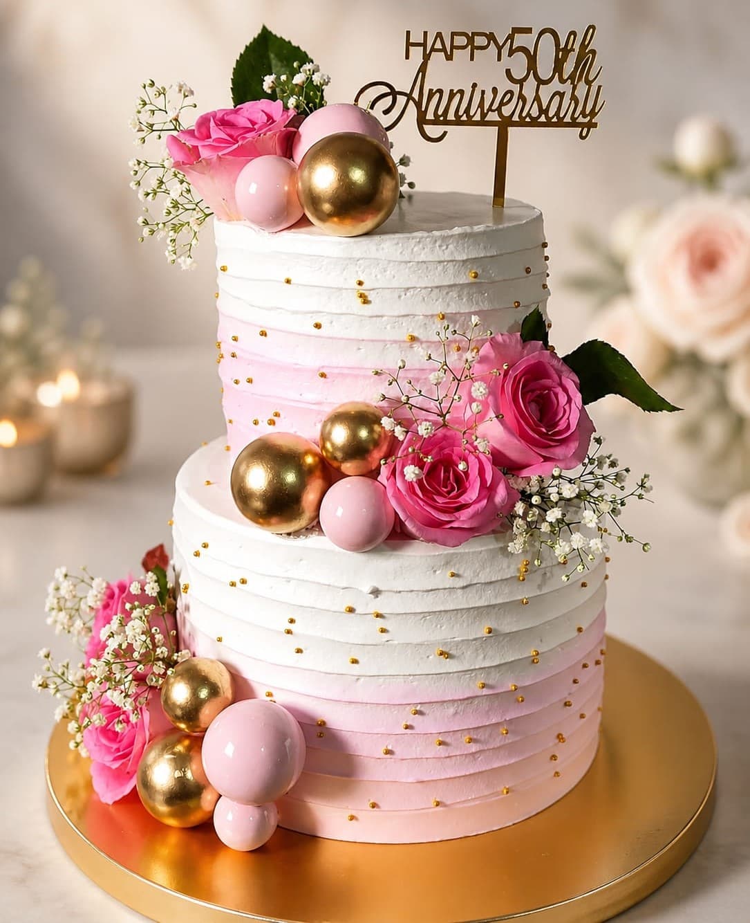 Pink and Gold Floral Tiered Anniversary Cake