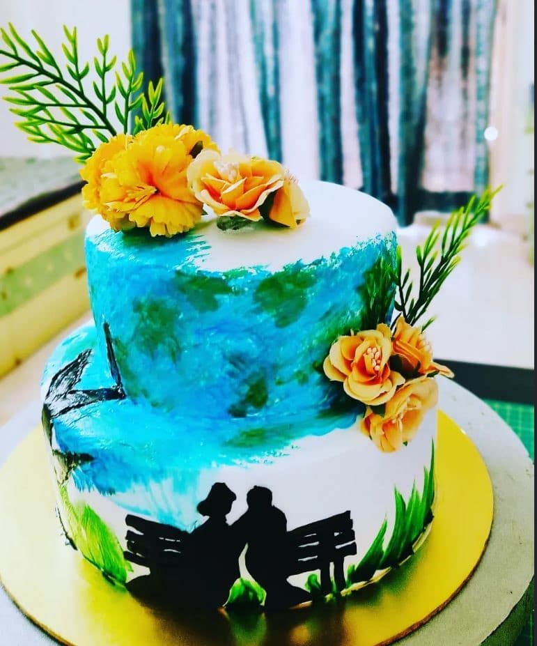 Romantic Silhouette Two-Tier Hand-Painted Cake