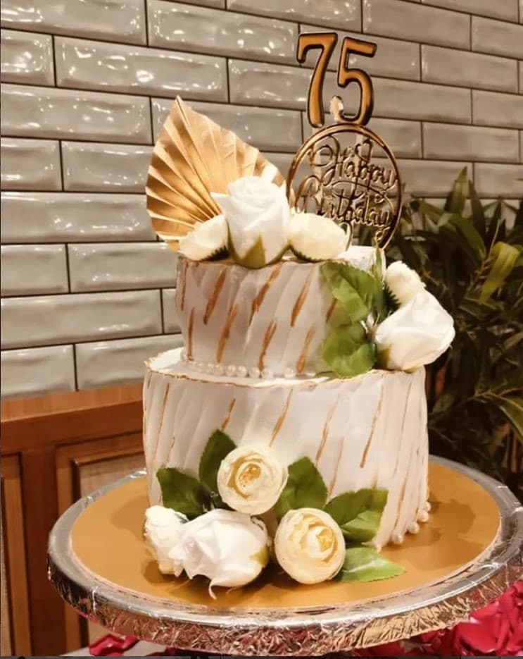 Life Milestone Gold & White Floral Tiered Cake
